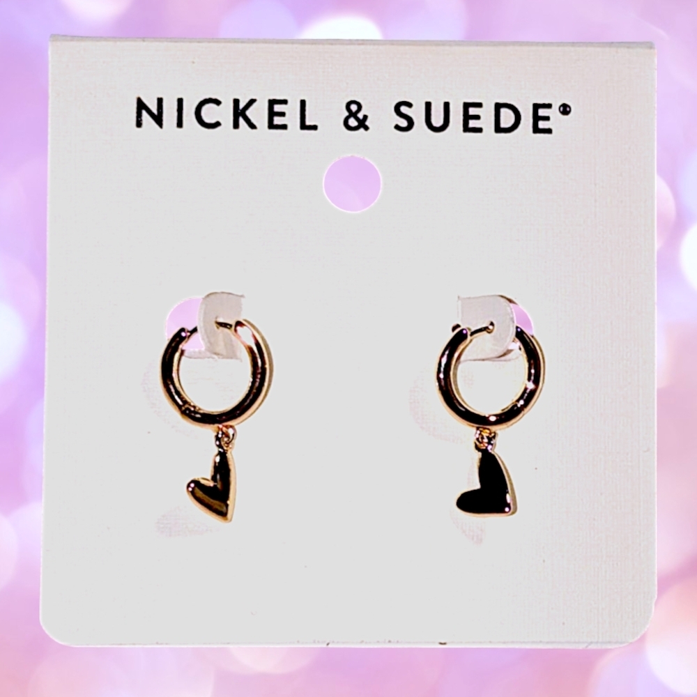 Nickel & Suede Gold Heart Hoop Drop Earrings